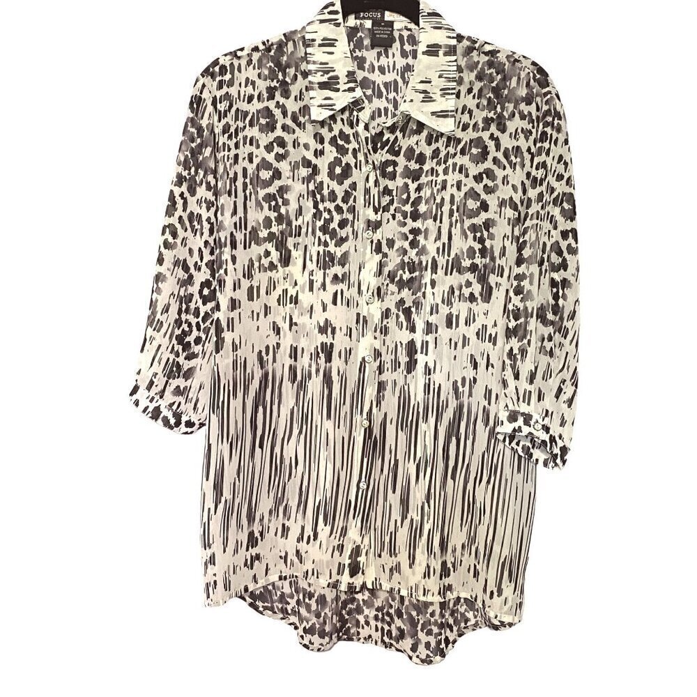 Focus‎ Life Style Black & White Animal Print Chiffon Blouse Women’s 6P NWT